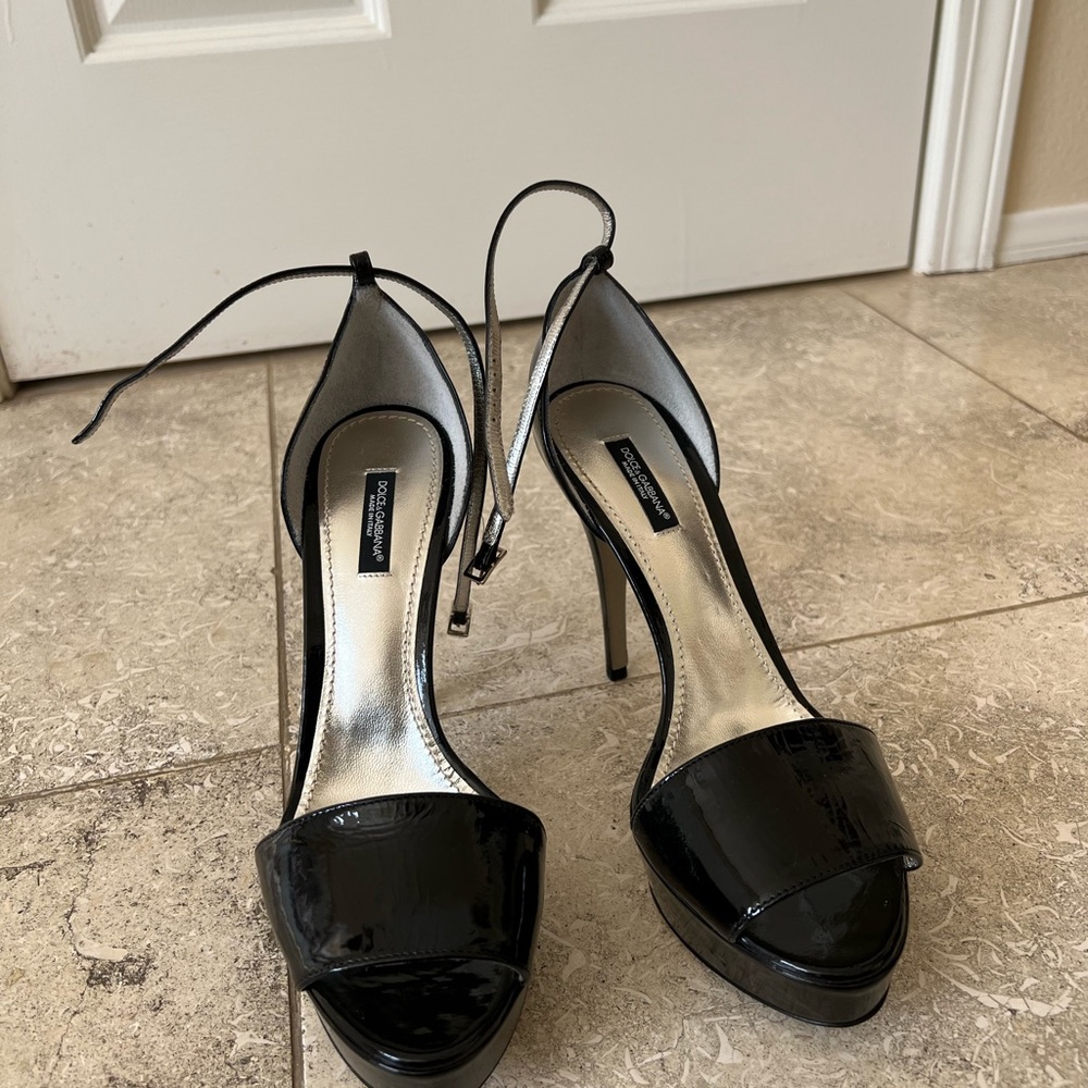 COPY - Dolce Gabbana black patent open toe heels w/ ankle strap.